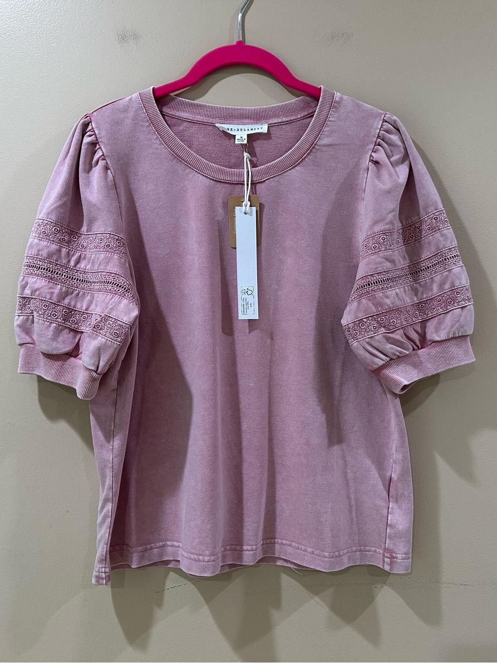Jane And Delancey Washed Pink Eyelet Lace Puff Sleeve Tee Top Women Medium NWT